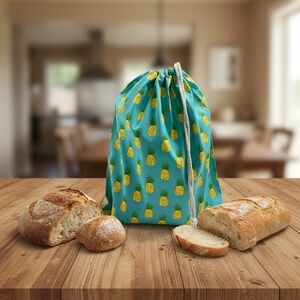 Teal Pineapple Bread Bag, Reusable Cotton Sourdough Storage, Farmhouse Kitchen